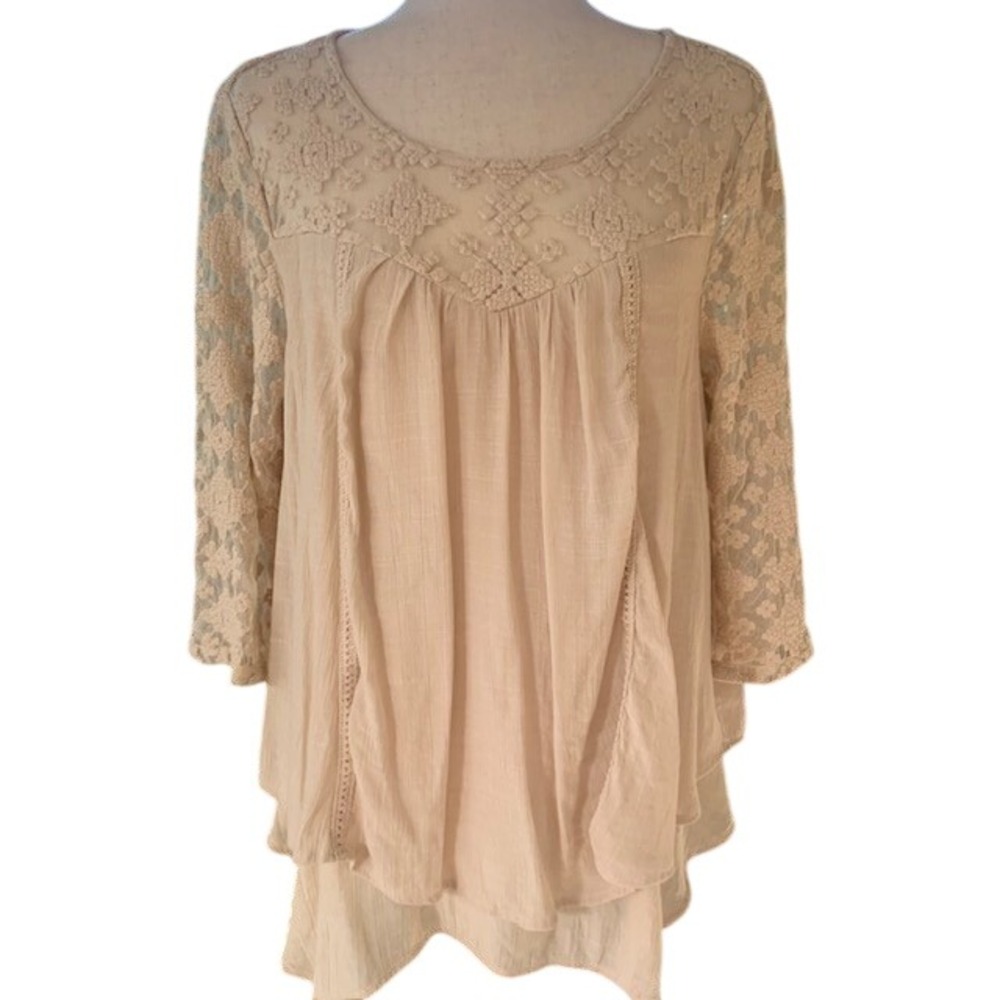 Boho Lace Gauze Tunic Top L Cottagecore Romantic Fairy Ethereal Flowy Earthy